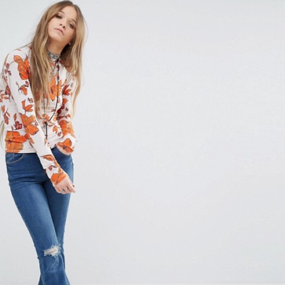 Free People •Orange Floral Mock Neck Chocolate Top - Picture 2 of 8